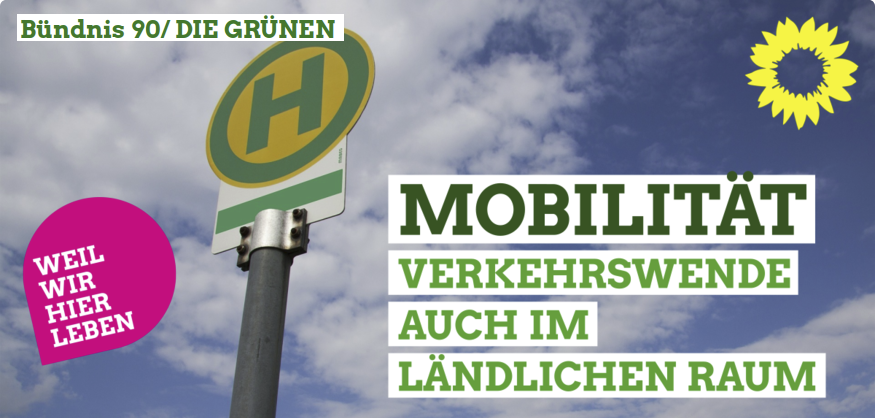 Bild mit einem ÖPNV-Halteschild mit einem Text: Mobilität Verkehrswende auch im ländlichen Raum