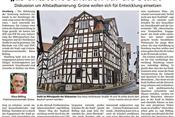 Presseartikel der HNA Fritzlar-Homberg vom 30.10.2026 über die Altstadtsanierung mit dem Abriss von Fachwerkhäusern