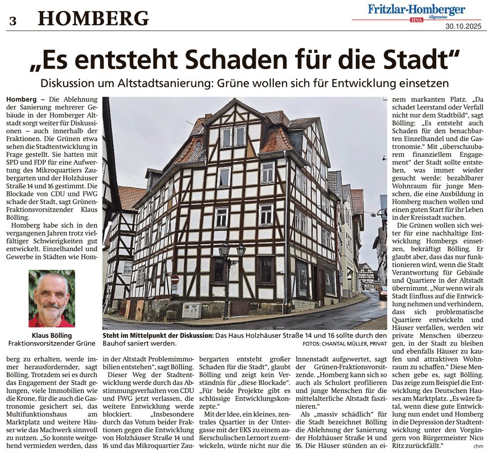 Presseartikel der HNA Fritzlar-Homberg vom 30.10.2026 über die Altstadtsanierung mit dem Abriss von Fachwerkhäusern